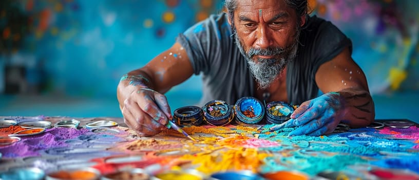 Mandala Sand Painting Being Created with Soft Edges, The colors and shapes spread, capturing the impermanence and beauty of spiritual art.