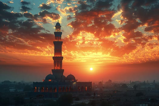 Islamic Minaret Towering Above a Historic City, The tower's silhouette merges with the sky, calling the faithful to prayer.