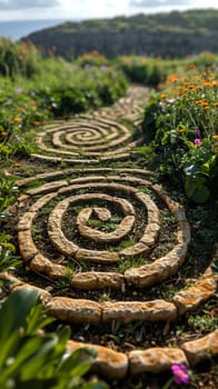 Labyrinth Path for Meditation Weaving Through a Churchyard, The journey's pattern blurs into grass, signifying contemplation and pilgrimage.