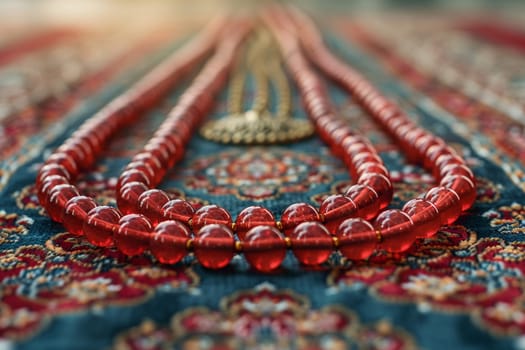 Muslim Prayer Beads Laid Gently on a Prayer Mat, The beads' outline softens, signifying devotion and the recitation of prayers.