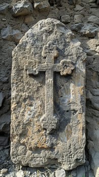 Coptic Christian Cross Engraved in an Ancient Church Wall, The cross merges with aged stone, a sign of resilience and history.