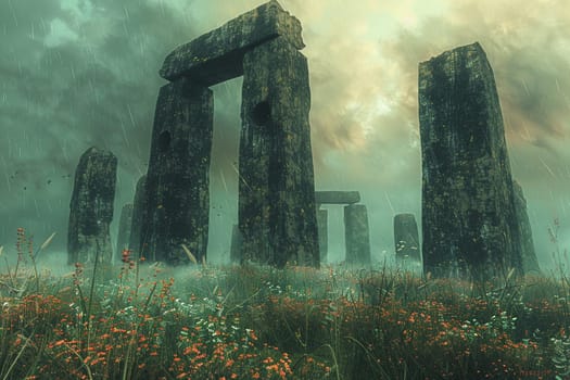 Ancient Pagan Henge Standing Mysteriously in a Field, The prehistoric stones blur into the landscape, marking time and rituals long passed.