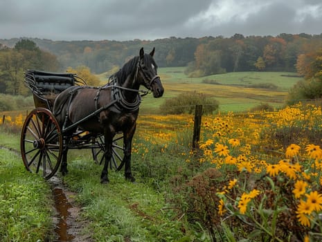 Amish Horse and Buggy Blending into a Rural Landscape, The simple life blurs into the fields, a dedication to community and tradition.