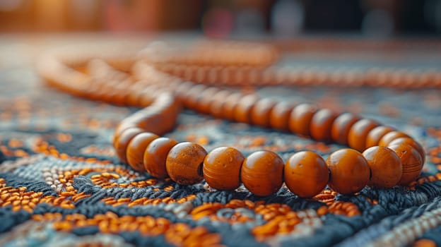 Muslim Prayer Beads Laid Gently on a Prayer Mat, The beads' outline softens, signifying devotion and the recitation of prayers.