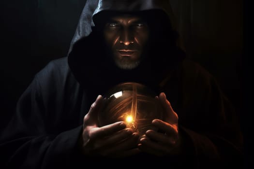 A mysterious figure draped in a dark cloak holds a crystal ball in a dimly lit setting, evoking a sense of mystical foresight and ancient prophecy