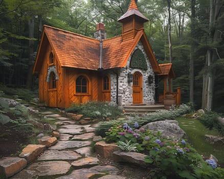 Rustic Wooden Chapel Nestled in Serene Nature, The outline of the humble structure merges with the tranquility of its surroundings.