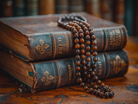 Rosary Beads Draped Over a Weathered Prayer Book, The beads and text blur together, a Catholic emblem of prayer and reflection.