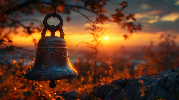 Brass Church Bell Silhouetted Against the Sunset, The bell merges with the dusk, a traditional call to prayer and gathering.