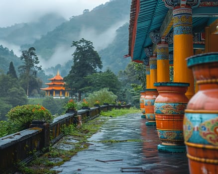 Buddhist Prayer Wheels Spinning Alongside a Mountain Path, The motion blur suggests the ongoing prayers and spirituality of the faithful.