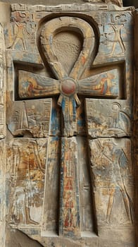 Ankh Symbol Carved into an Ancient Egyptian Temple Wall, The key of life merges with stone, representing eternal life and the divine.