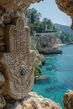 Hamsa Hand Amulets Overlooking a Mediterranean Seascape, The protective symbols blur with the sea, guarding against the evil eye.