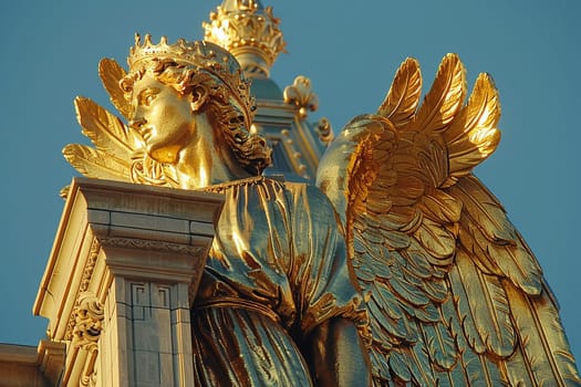 Mormon Angel Moroni Statue Trumpeting atop a Temple, The figure blends with the sky, a herald of faith and the Latter-Day Saints.