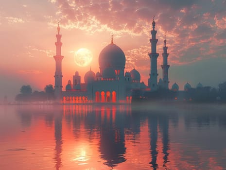 Islamic Crescent Moon Rising Over a Quiet Mosque, The celestial symbol blends into the twilight, marking the significance of time and worship.