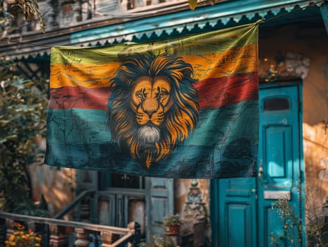 Rasta Lion of Judah Flag Fluttering in a Soft Breeze, The flag's colors blur, symbolizing the Rastafarian movement and Ethiopian roots.