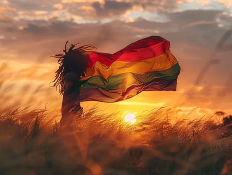 Rasta Lion of Judah Flag Fluttering in a Soft Breeze, The flag's colors blur, symbolizing the Rastafarian movement and Ethiopian roots.