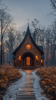 Rustic Wooden Chapel Nestled in Serene Nature, The outline of the humble structure merges with the tranquility of its surroundings.