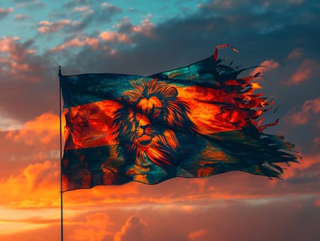 Rasta Lion of Judah Flag Fluttering in a Soft Breeze, The flag's colors blur, symbolizing the Rastafarian movement and Ethiopian roots.