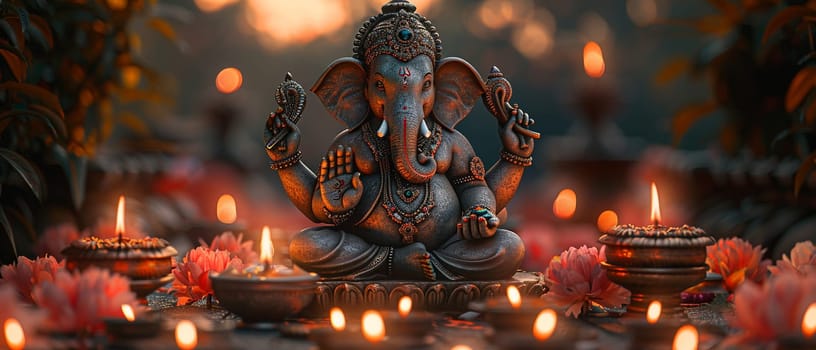 Ganesha Idol Serenely Sitting Among Diwali Lights, The blurred glow of lamps creates an atmosphere of celebration and worship.