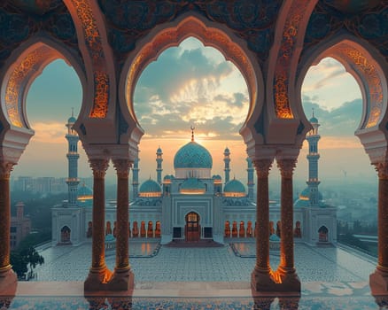 Islamic Architecture with Domes and Arches in Soft Focus, The contours blur into a skyline, symbolizing the beauty and intricacy of Islamic design.
