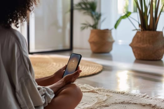 The photo captures a person using a mindfulness app on their smartphone, engaging in self-care and mental well-being practices at home