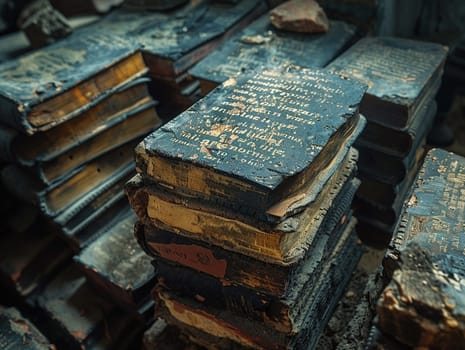 Ancient Stone Tablets Engraved with Sacred Texts, Weathered inscriptions blur into a testament of religious history and beliefs.