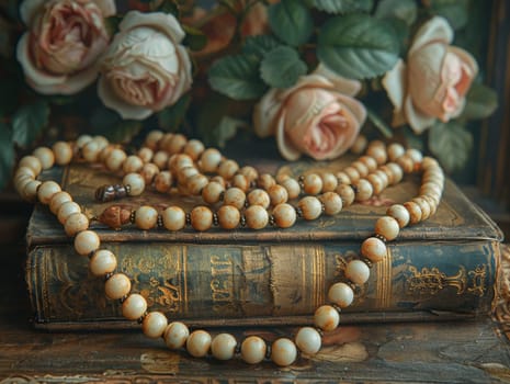 Rosary Beads Draped Over a Weathered Prayer Book, The beads and text blur together, a Catholic emblem of prayer and reflection.