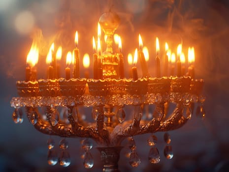 Jewish Menorah with Flickering Flames of Remembrance, The soft light of the candles blurs, symbolizing ancient traditions and perseverance.