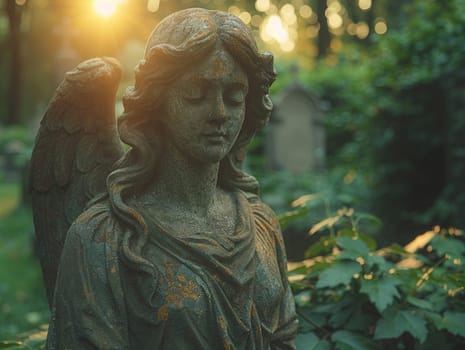 Angel Statue Silently Guarding a Timeless Cemetery, The statue's outline blurs with the trees, a silent sentinel of memory and eternity.