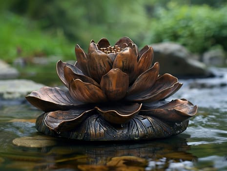 Buddhist Lotus Flower Sculpture Emerging from Water, The flower's shape softens into the surface, signifying purity and spiritual unfolding.