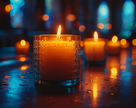 Glowing Candles in a Darkened Sanctuary Signifying Light and Guidance, The soft light blurs into a symbol of warmth and divine presence.