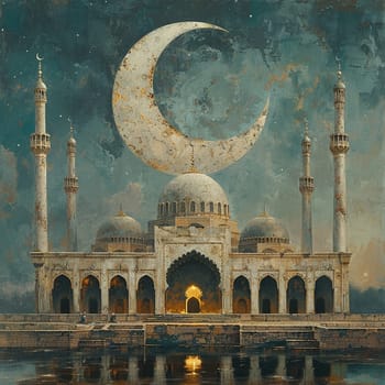 Islamic Crescent Moon Rising Over a Quiet Mosque, The celestial symbol blends into the twilight, marking the significance of time and worship.