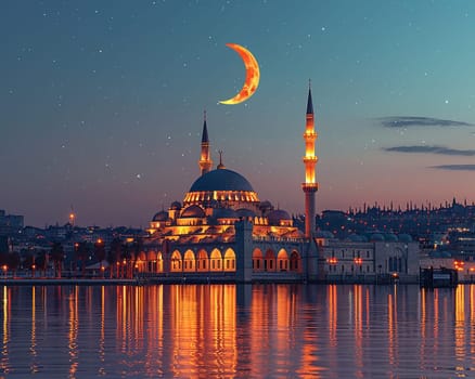 Islamic Crescent Moon Rising Over a Quiet Mosque, The celestial symbol blends into the twilight, marking the significance of time and worship.