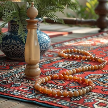 Muslim Prayer Beads Laid Gently on a Prayer Mat, The beads' outline softens, signifying devotion and the recitation of prayers.