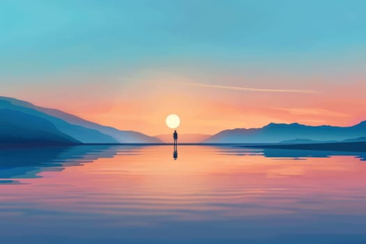 A minimalist digital illustration captures a single silhouette against a serene lakeside sunset with a reflection on the water surface