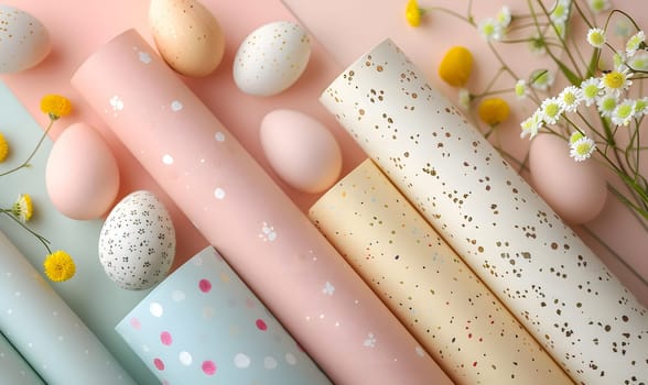 There is a fluid motion of wrapping paper and eggs on the table, each with a unique pattern. The fashion accessory, a drinking straw, adds a fun touch to the scene