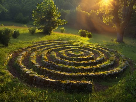 Labyrinth Path for Meditation Weaving Through a Churchyard, The journey's pattern blurs into grass, signifying contemplation and pilgrimage.