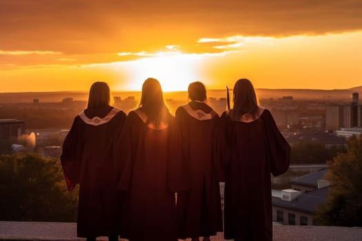 Four graduates, viewed from behind, bask in the warm glow of a setting sun during their commencement