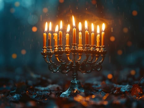 Jewish Menorah with Flickering Flames of Remembrance, The soft light of the candles blurs, symbolizing ancient traditions and perseverance.