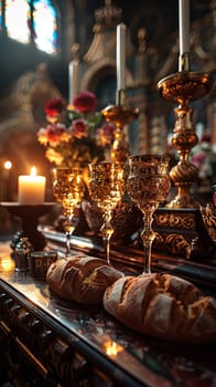 Holy Communion Elements Prepared on an Altar, The bread and wine slightly out of focus, highlighting the sacredness of the ritual.