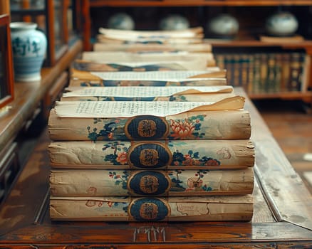 Confucian Scrolls Displayed in a Scholar's Study, The text blurs into paper, signifying wisdom and the pursuit of knowledge.