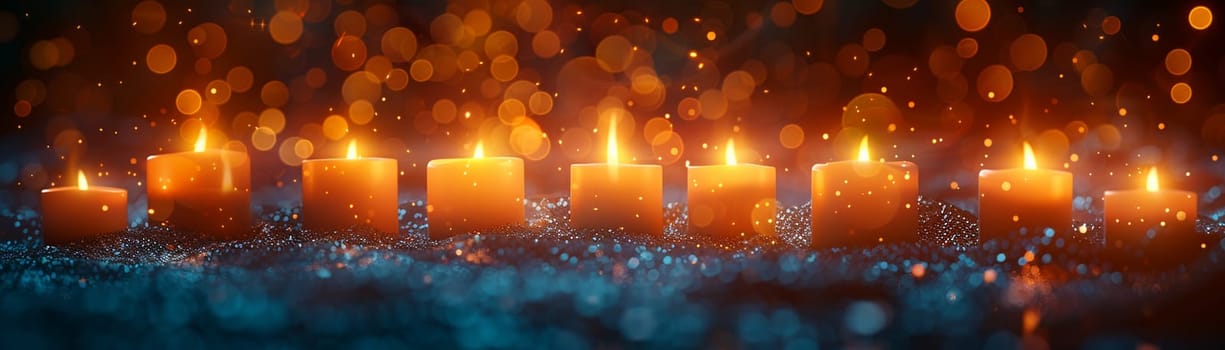 Jewish Menorah with Flickering Flames of Remembrance, The soft light of the candles blurs, symbolizing ancient traditions and perseverance.