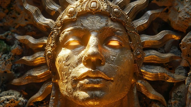 Sun God Inti Carvings Bathed in Golden Light, The deity's image blends with the stone, a testament to ancient reverence and power.