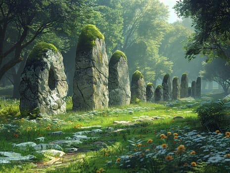 Druidic Circles Standing Silent in a Forest Clearing, The stones blur into a sacred space, rooted in nature and the old ways.