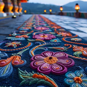 Colorful Hindu Festival Rangoli Blurring into Artistic Devotion, The intricate patterns spread into a vibrant display of culture and prayer.