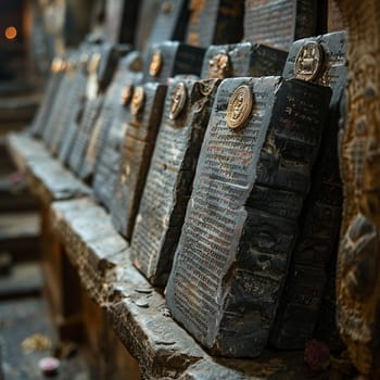 Ancient Stone Tablets Engraved with Sacred Texts, Weathered inscriptions blur into a testament of religious history and beliefs.