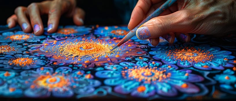 Mandala Sand Painting Being Created with Soft Edges, The colors and shapes spread, capturing the impermanence and beauty of spiritual art.