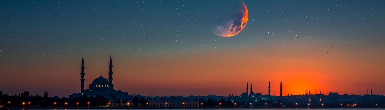 Islamic Crescent Moon Rising Over a Quiet Mosque, The celestial symbol blends into the twilight, marking the significance of time and worship.