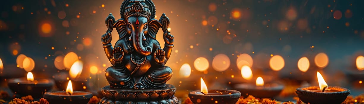 Ganesha Idol Serenely Sitting Among Diwali Lights, The blurred glow of lamps creates an atmosphere of celebration and worship.