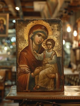 Greek Orthodox Iconography Adorned with Gold Leaf, The images slightly blur, emphasizing the divine figures and sacred stories.
