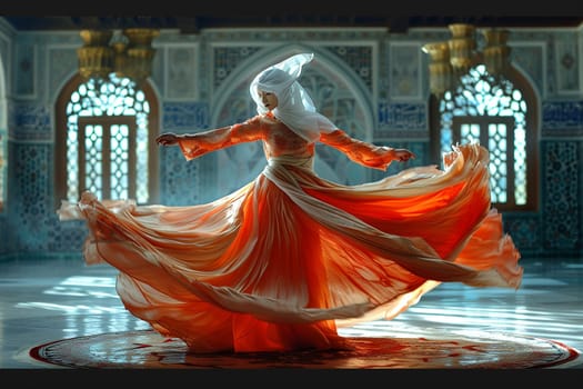 Sufi Whirling Dervish Skirts in Gentle Rotation, The skirts' motion blurs, capturing the spiritual ecstasy and devotion of the dance.